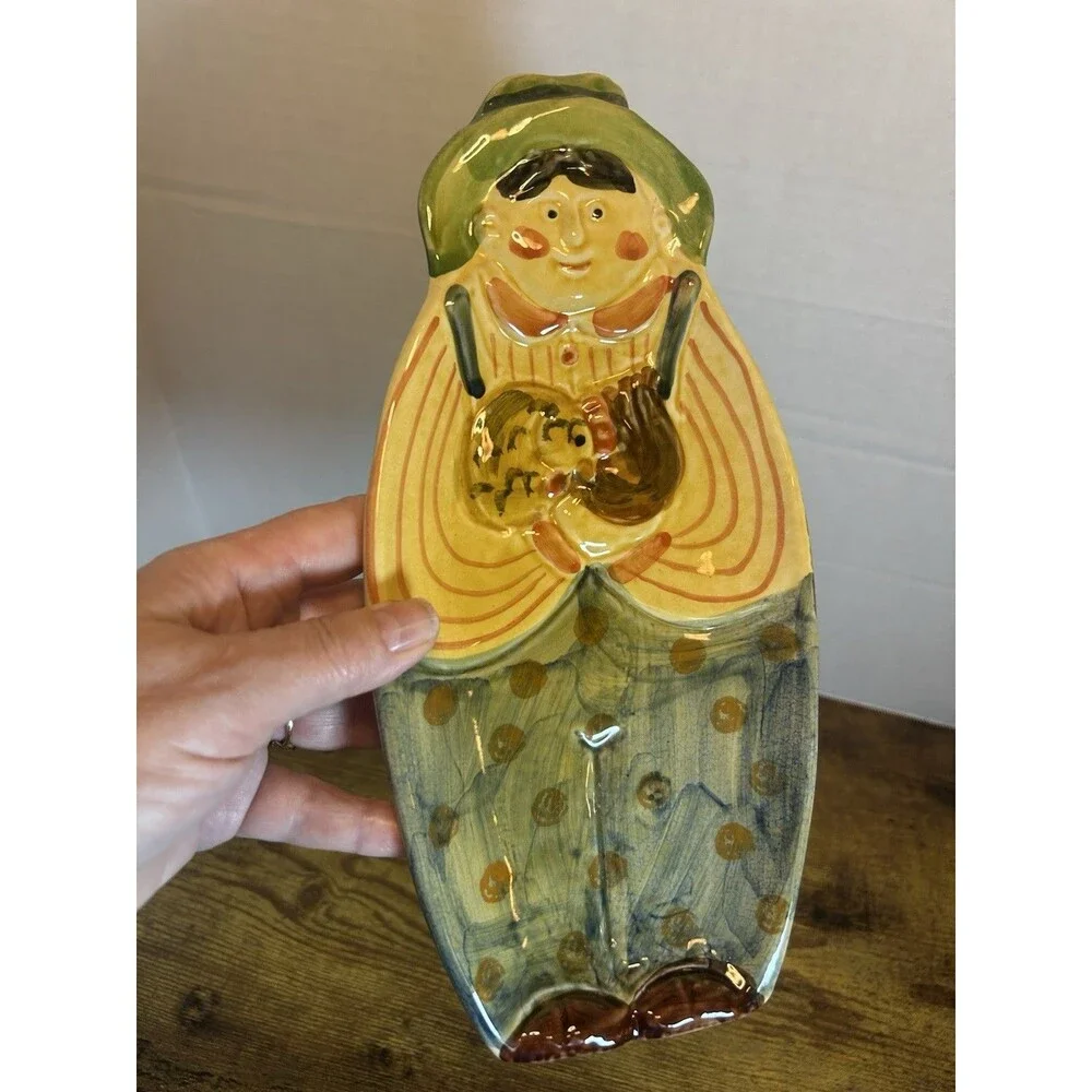 Vintage Italy Hand Painted Ceramic Farmer with Chicken Figural Serving Tray Dish